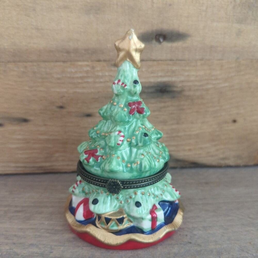 Vintage Hinged Decorated Ceramic Christmas Tree Trinket Box
